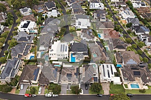 Aerial view of a neighbourhood cul-de-sac with modern prestige homes, Australia