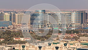 Aerial view of neighbourhood Deira with typical buildings timelapse, Dubai, United Arab Emirates