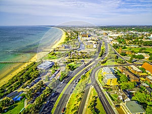 Aerial view of Nepean Highway passing through Frankston suburb on Mornington Peninsula, Melbourne, Australia.