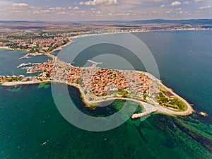 Aerial view of Nessebar, ancient city on the Black Sea coast of Bulgaria.