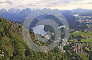 Aerial view of Neuschwanstein Castle, Alpsee Lake, Fussen and Bavarian Alps