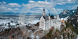 Aerial view of the Neuschwanstein Castle or Schloss Neuschwanstein on a winter day