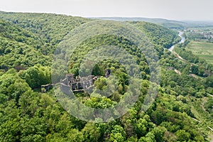 Aerial view of Nevitsky Castle ruins near Nevitske village, Zakarpattia, Ukraine