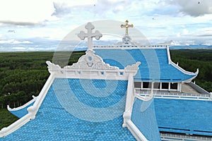 Aerial view of new Basilica of Our Lady of La Vang, 2 crosses in the rooftop