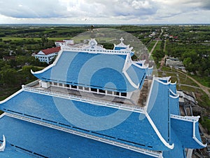 Aerial view of new Basilica of Our Lady of La Vang, 2 crosses in the rooftop