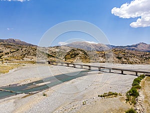 Aerial view of the new bridge, Cendere Koprusu and Cendere river. Road leading to Nemrut Dagi, Turkey