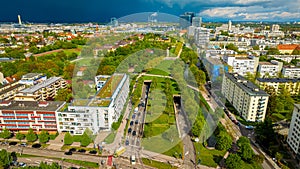 Aerial view of new build area in Munich, the capital and most populous city of Bavaria