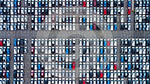 Aerial view new cars parking for sale stock lot row, New cars dealer inventory import export business commercial global,