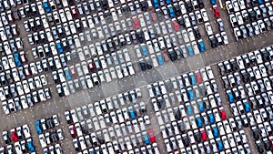 Aerial view new cars parking for sale stock lot row, New cars dealer inventory import export business commercial global,