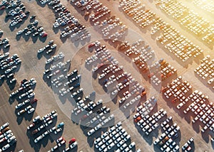 Aerial view new cars parking for sale stock lot row, New cars dealer inventory import export business commercial global