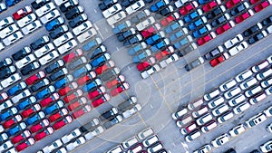 Aerial view new cars for sale stock lot row, New  Cars dealer inventory import export business logistic global