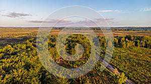 An aerial view of the New Forest with heartland, trees at golden hour under a majestic blue sky and white clouds