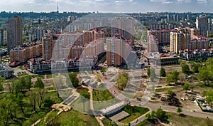 Aerial view of new modern residential Obolon district near Dnieper river in Kiev city, Kyiv cityscape, Ukraine photo