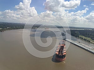 Aerial view of New Orleans Mississippi River cargo ships