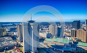 Aerial view of New Orleans skyline on a sunny winter day, Louisiana