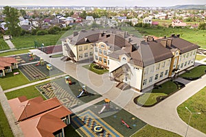 Aerial view of new prescool building in residential rural area