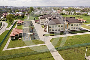 Aerial view of new prescool building in residential rural area