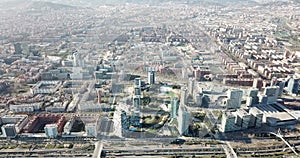 Aerial view of new residential complex of Diagonal Mar i el Front Maritim del Poblenou in sunny day, Barcelona, Spain