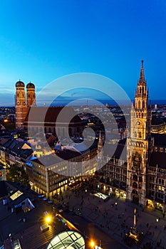 Aerial view of The New Town Hall and Marienplatz at night, Munich, Germany