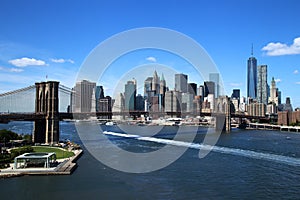 Aerial view of New York City Downtown Skyline with Brooklyn Bridge