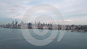 Aerial view of New York City midtown Manhattan skyline panorama view over Hudson River from drone.