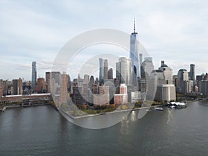 Aerial view of New York City midtown Manhattan skyline panorama view over Hudson River from drone.