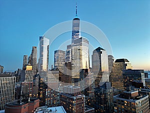 Aerial view of New York City midtown Manhattan skyline panorama view over Hudson River from drone.