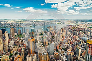 New York City Skyline Aerial View with Beautiful Cloudy Blue Sky in Background