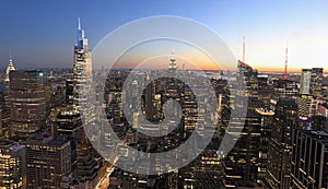 Aerial view of New York City skyline at dusk