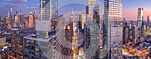 Aerial view of New York City skyscrapers at dusk