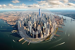 Aerial view of New York City skyscrapers and Hudson River. Aerial view of lower Manhattan New York City, AI Generated