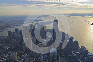 Aerial view of the New York financial business district and the Upper New York Bay