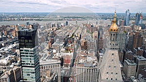 Aerial view of New York, Lower Manhattan. Residental and financial business buildings from above.