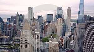 Aerial view of New York, Lower Manhattan. Residental and financial business buildings from above.