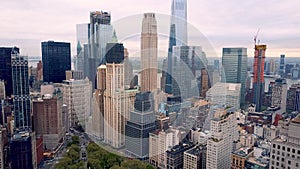 Aerial view of New York, Lower Manhattan. Residental and financial business buildings from above.