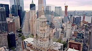 Aerial view of New York, Lower Manhattan. Residental and financial business buildings from above.