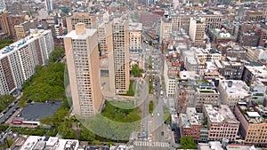 Aerial view of New York, Lower Manhattan. Residental and financial business buildings from above.