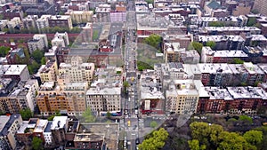 Aerial view of New York, Midtown Manhattan. Residental buildings, streets ans crossroads from above.