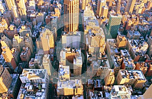 Aerial view of New York skyline and architecture towards lower Manhattan from the top of the Empire State Building.