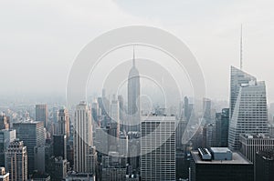 Aerial view of New York skyline and attractions.