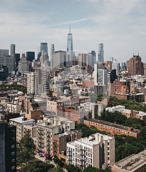 Aerial view of New York skyline and attractions on a clear sunny day, USA