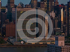 Aerial view of the New York skyline at sunrise with tall skyscrapers in the United States