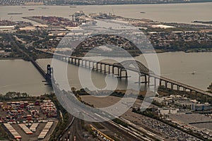 Aerial view of the Newark Bay Bridge and the Leigh Valley Railroad Lift Bridge