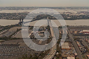 Aerial view of the Newark Bay Bridge and the Leigh Valley Railroad Lift Bridge