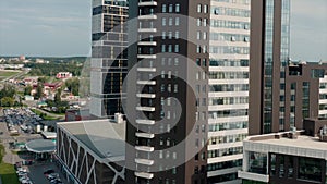 Aerial view of a newly built luxury residential complex. Video. Panoramic view of a big city on a summer sunny day.