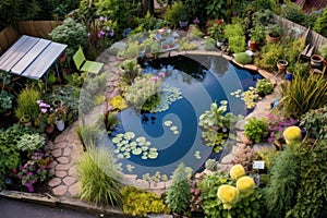 aerial view of a newly dug garden pond with surrounding plants