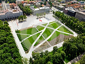 Aerial view of newly renovated Lukiskes square, Vilnius. Landscape of UNESCO-inscribed Old Town of Vilnius, the heartland of the c