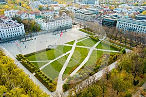 Aerial view of newly renovated Lukiskes square, Vilnius. Sunset landscape of Old Town of Vilnius, the heartland of the city,