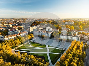 Aerial view of newly renovated Lukiskes square, Vilnius. Sunset landscape of Old Town of Vilnius, the heartland of the city, Lithu