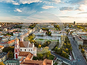 Aerial view of newly renovated Lukiskes square, Vilnius. Sunset landscape of UNESCO-inscribed Old Town of Vilnius, Lithuania